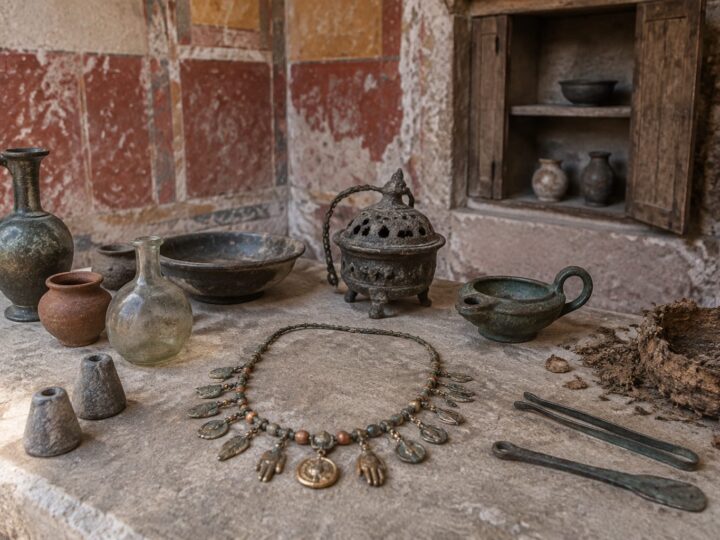 Un dulap din Pompei a păstrat 38 de monede, cosmetice și un colier protector din anul 79 d.Hr